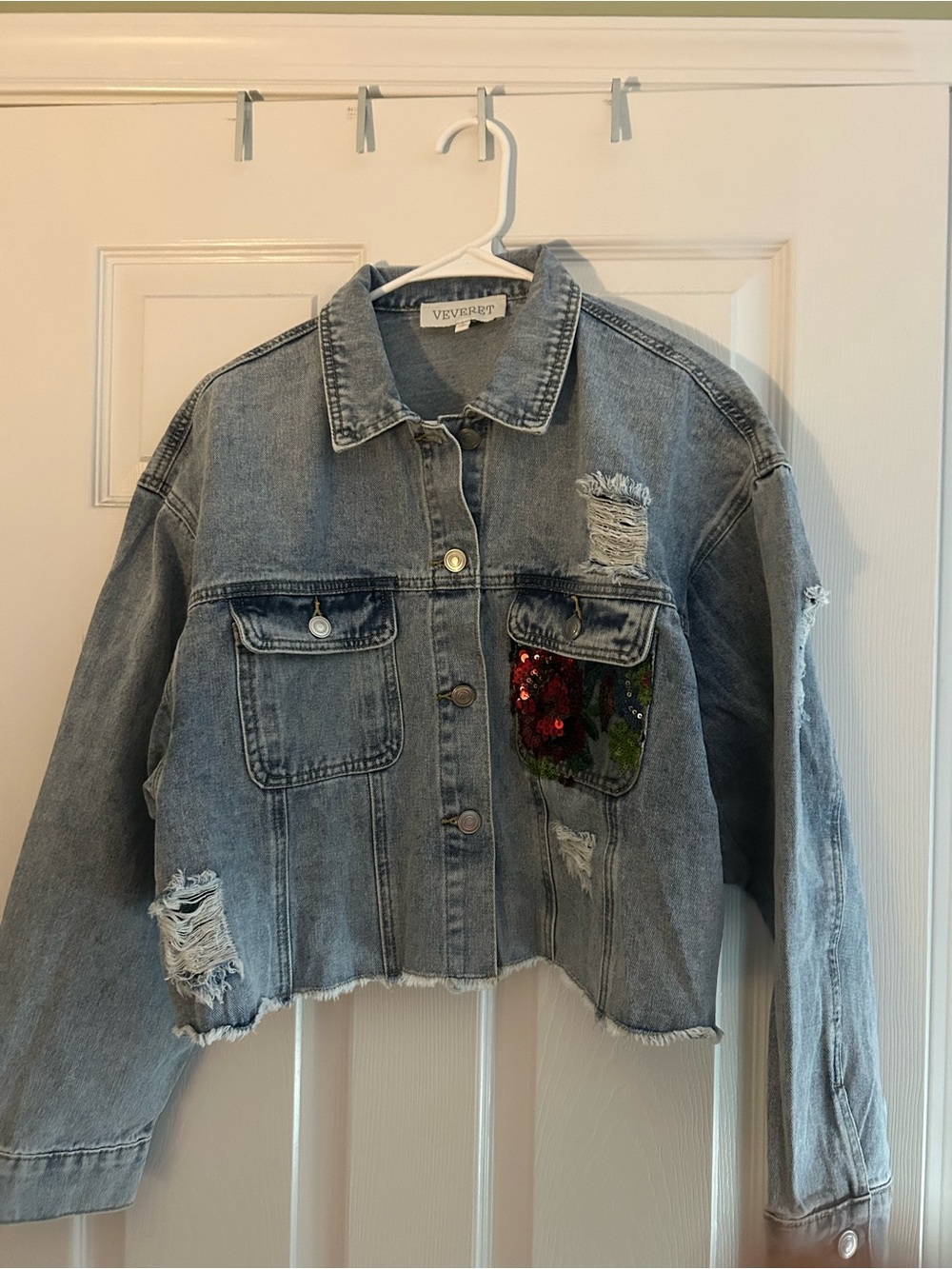 Veveret Distressed Light Blue Denim Jacket with Sequin Mesh Design
